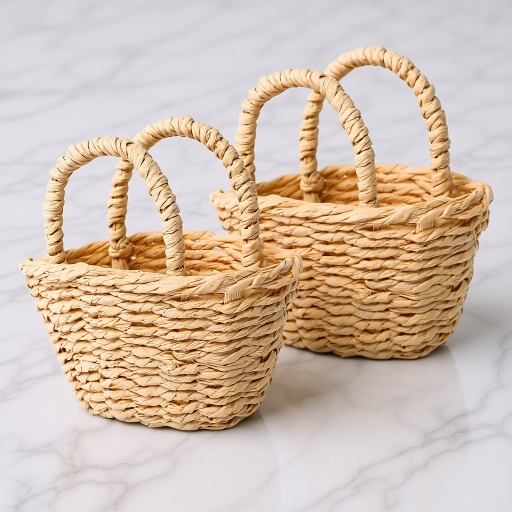 Desk Setup For Small Space - 2Pcs Mini Raffia Handle Basket Woven