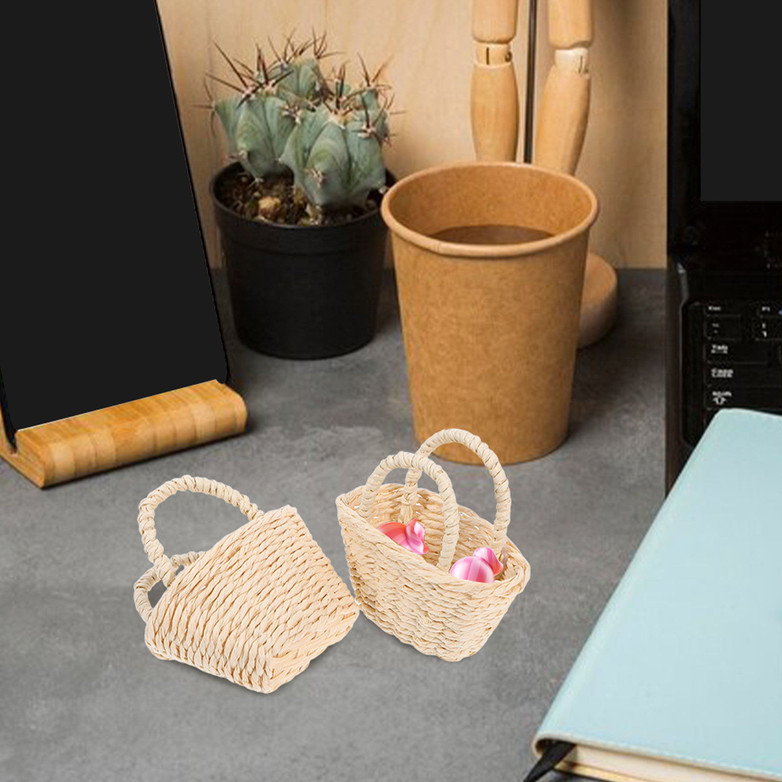 2Pcs Mini Raffia Handle Basket - Desk Setup For Small Space ulasan dan harga
